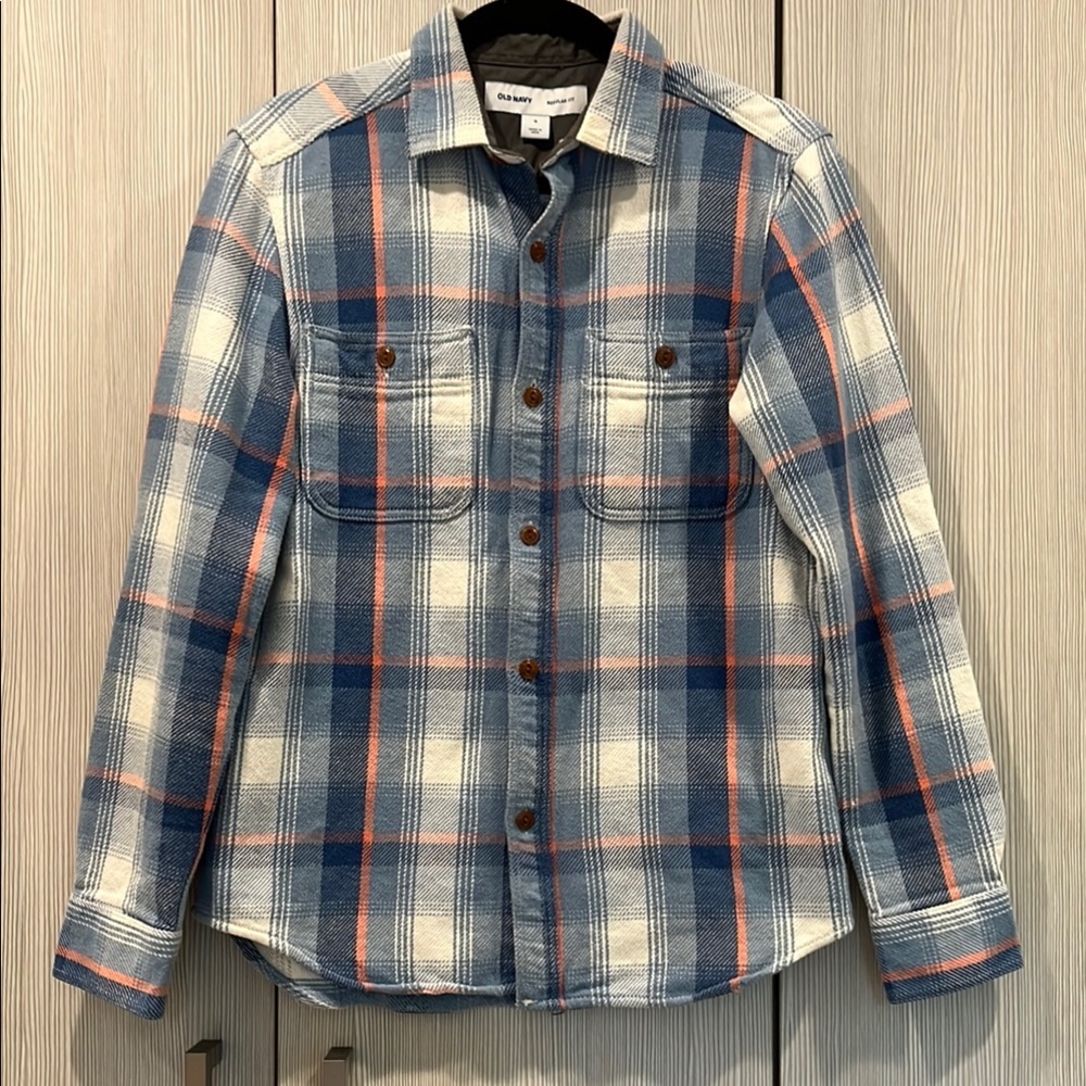 SPRING SALE Old Navy Blue White Coral Plaid Flannel Shacket Women’s Small